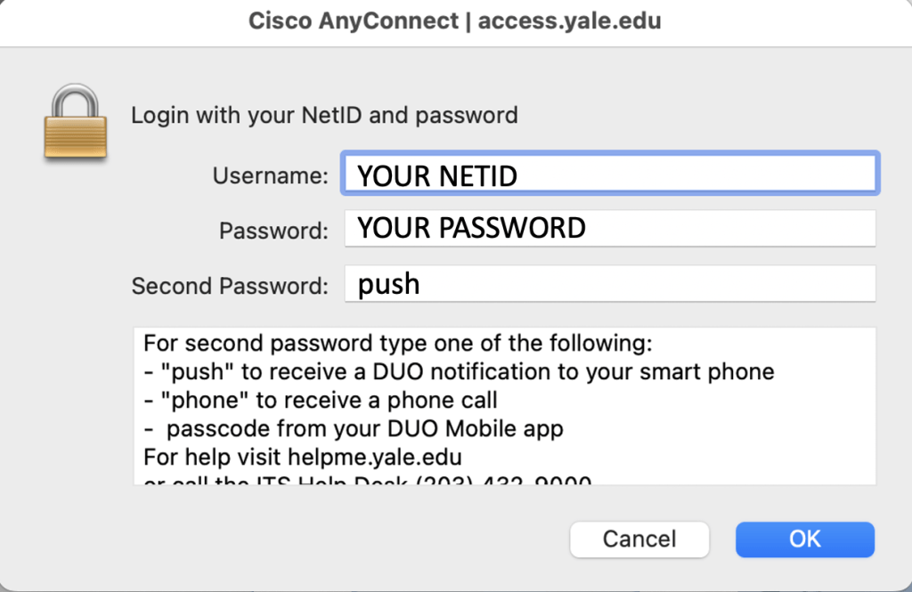 Screenshot of the Cisco Anyconnect menu with netid, password and push filled in